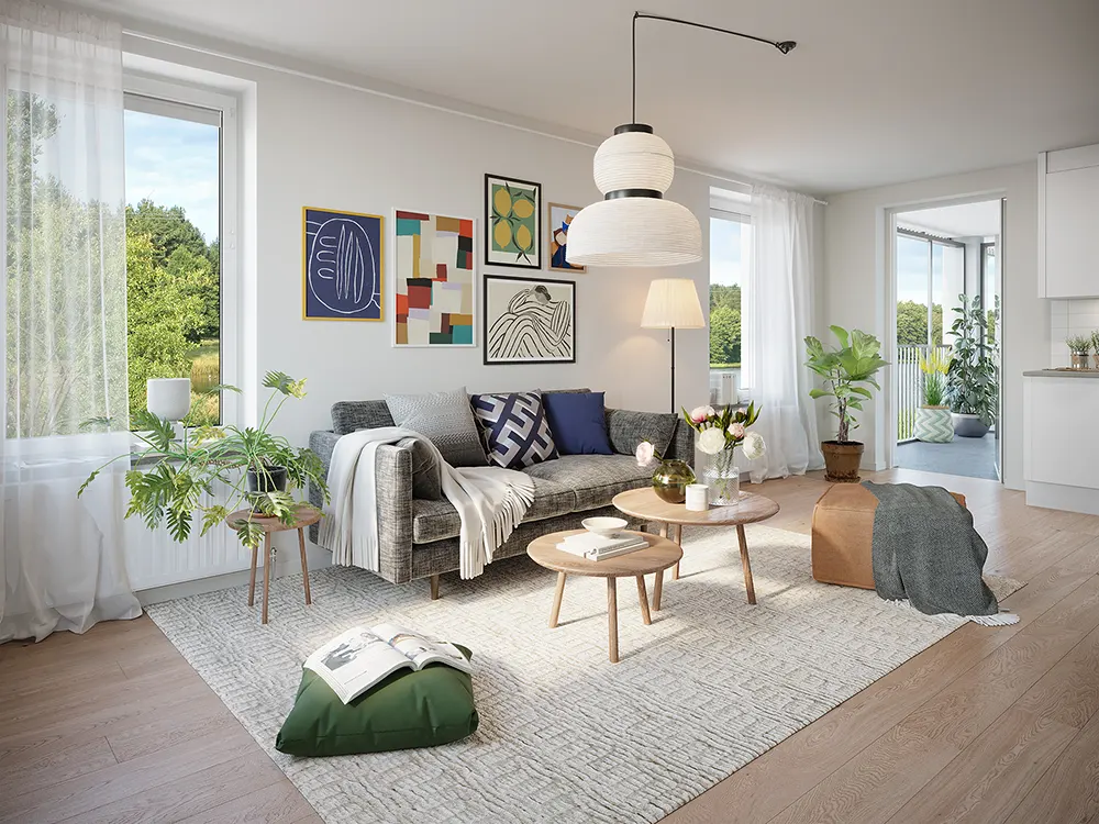 Dekorerat vardagsrum i Åsmyren